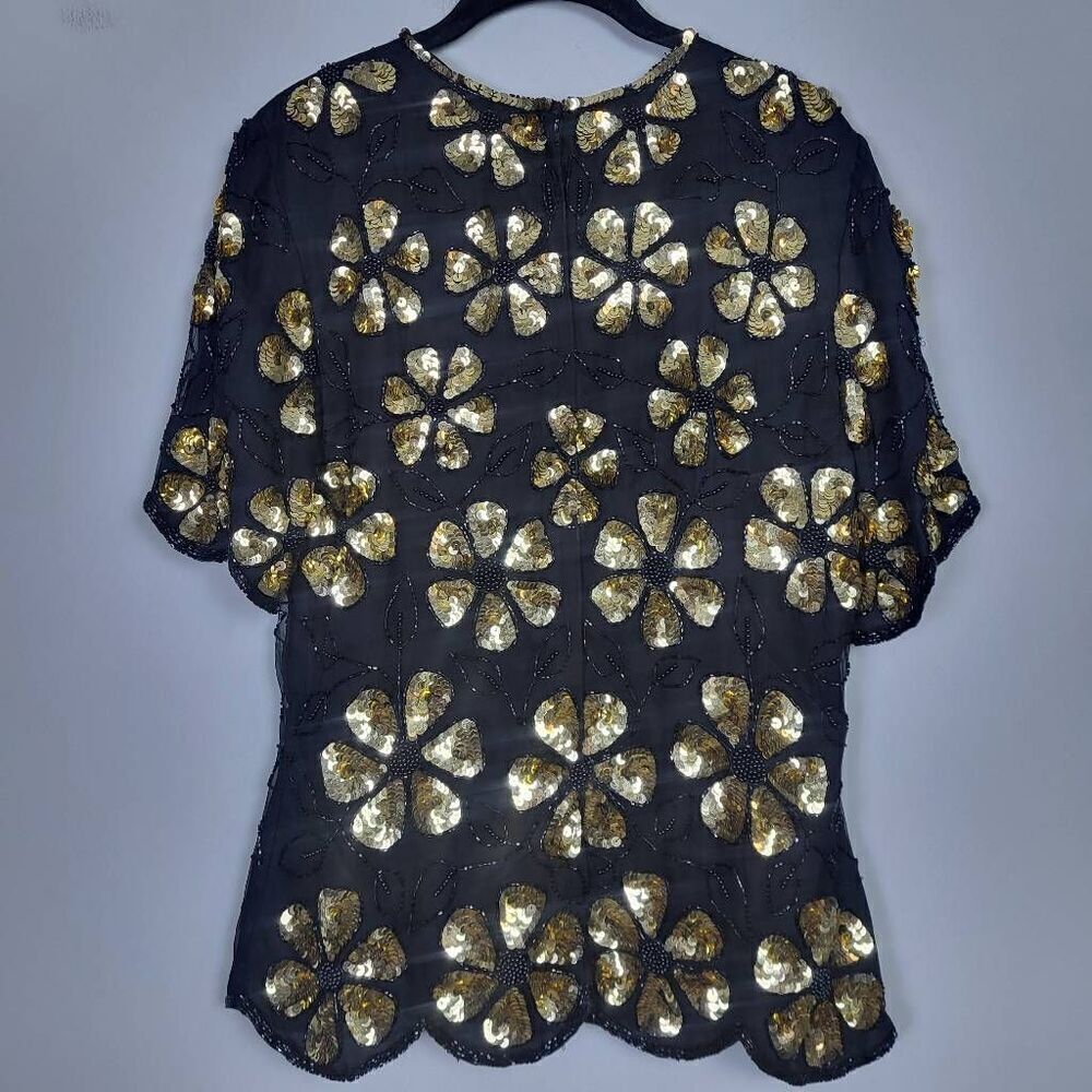 VTG Stenay Womens Silk Sequin Top Size Medium Black Gold Floral Beaded Swiftie - Picture 2 of 7